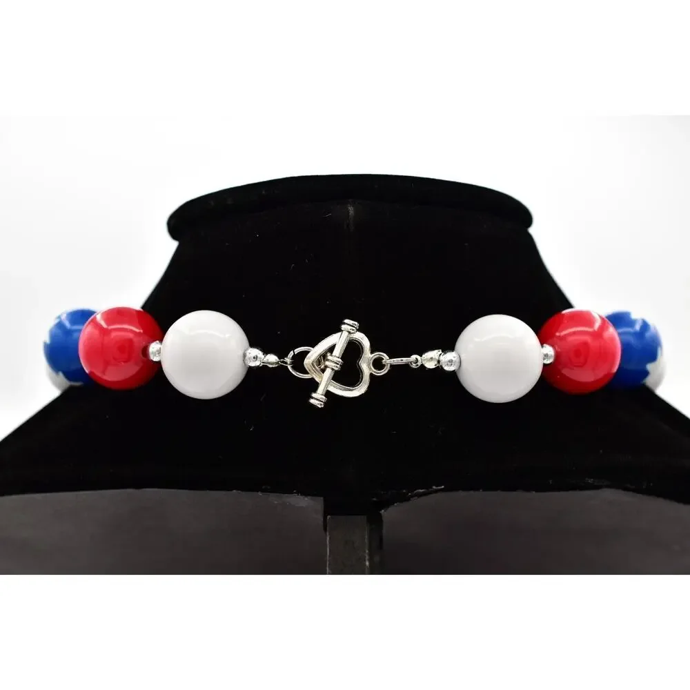 Statement Necklace American Flag Star Red White Blue Beaded 4th July USA BinA17